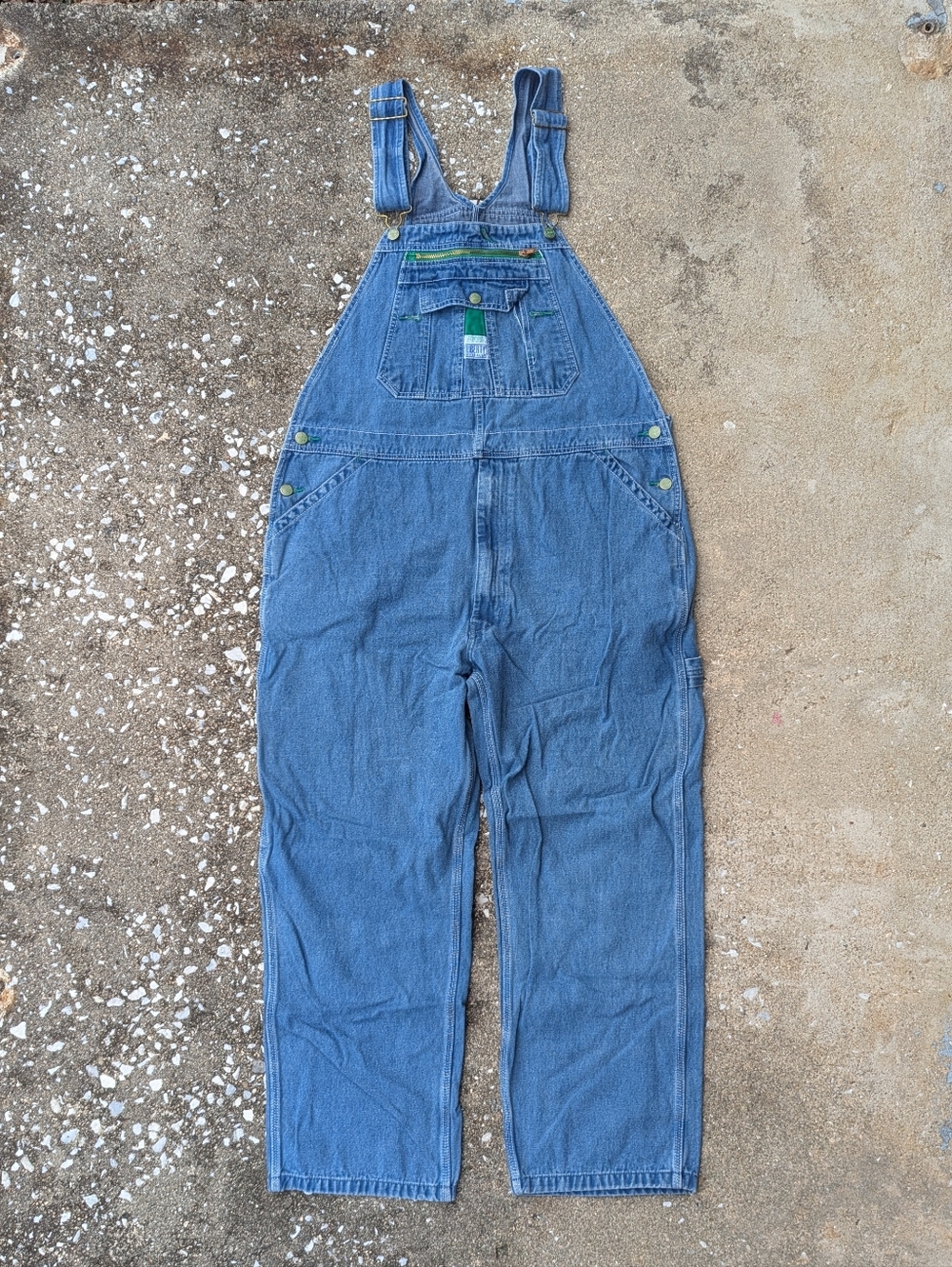 Liberty Blue Denim Overalls with Green Accents